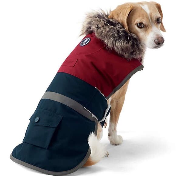 Land’s End Expedition fleece adjustable dog coat fresh cranberries color block M - Picture 2 of 5